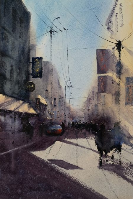 Watercolour painting of a sunlit street in Tokyo by artist John Haywood