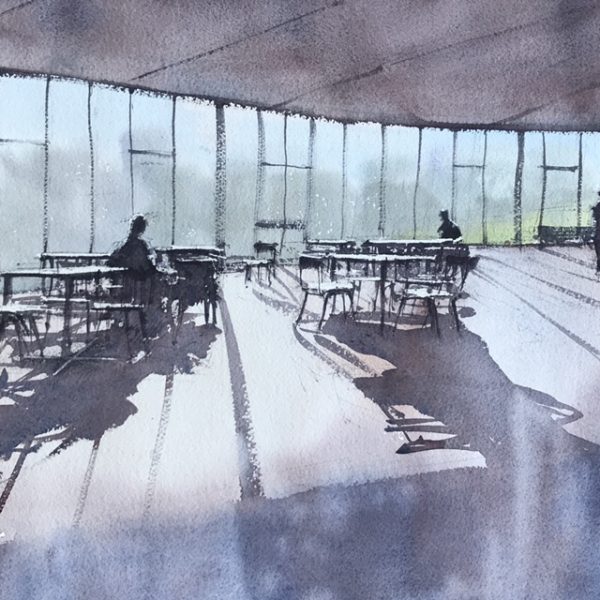 Sunlit Cafe at the Attenborough Centre for the Creative Arts, University of Sussex, a watercolour painting by John Haywood.