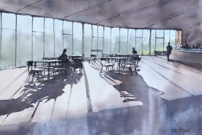Sunlit Cafe at the Attenborough Centre for the Creative Arts, University of Sussex, a watercolour painting by John Haywood.