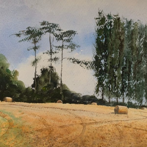 Watercolour painting of a Sussex field with hay bales and trees in the background by artist John Haywood
