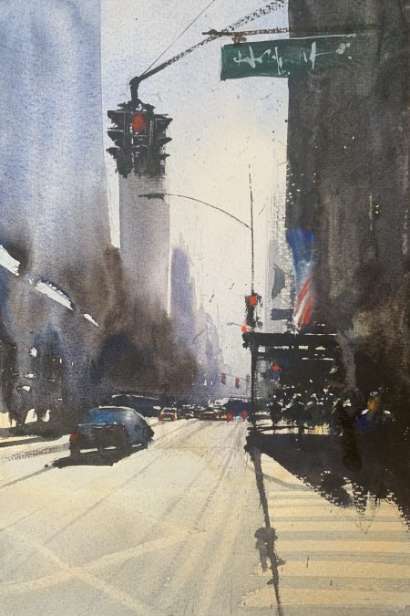 Watercolour painting of a New York street scene by artist John Haywood