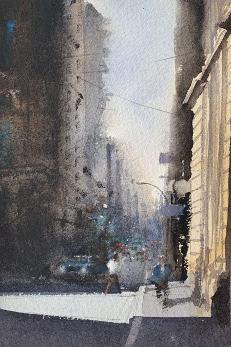 Watercolour painting of a shard of light illuminating a cityscene by artist John Haywood