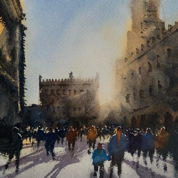 Painting of Piazza Maggiore, Bologna, Italy, by watercolour artist John Haywood