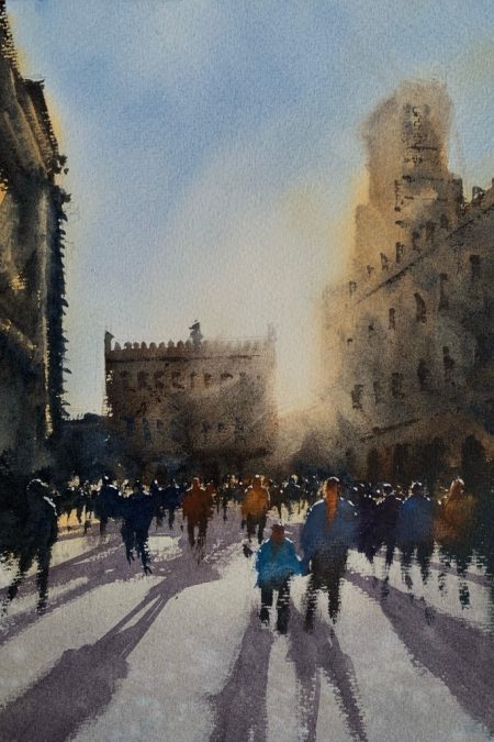 Painting of Piazza Maggiore, Bologna, Italy, by watercolour artist John Haywood