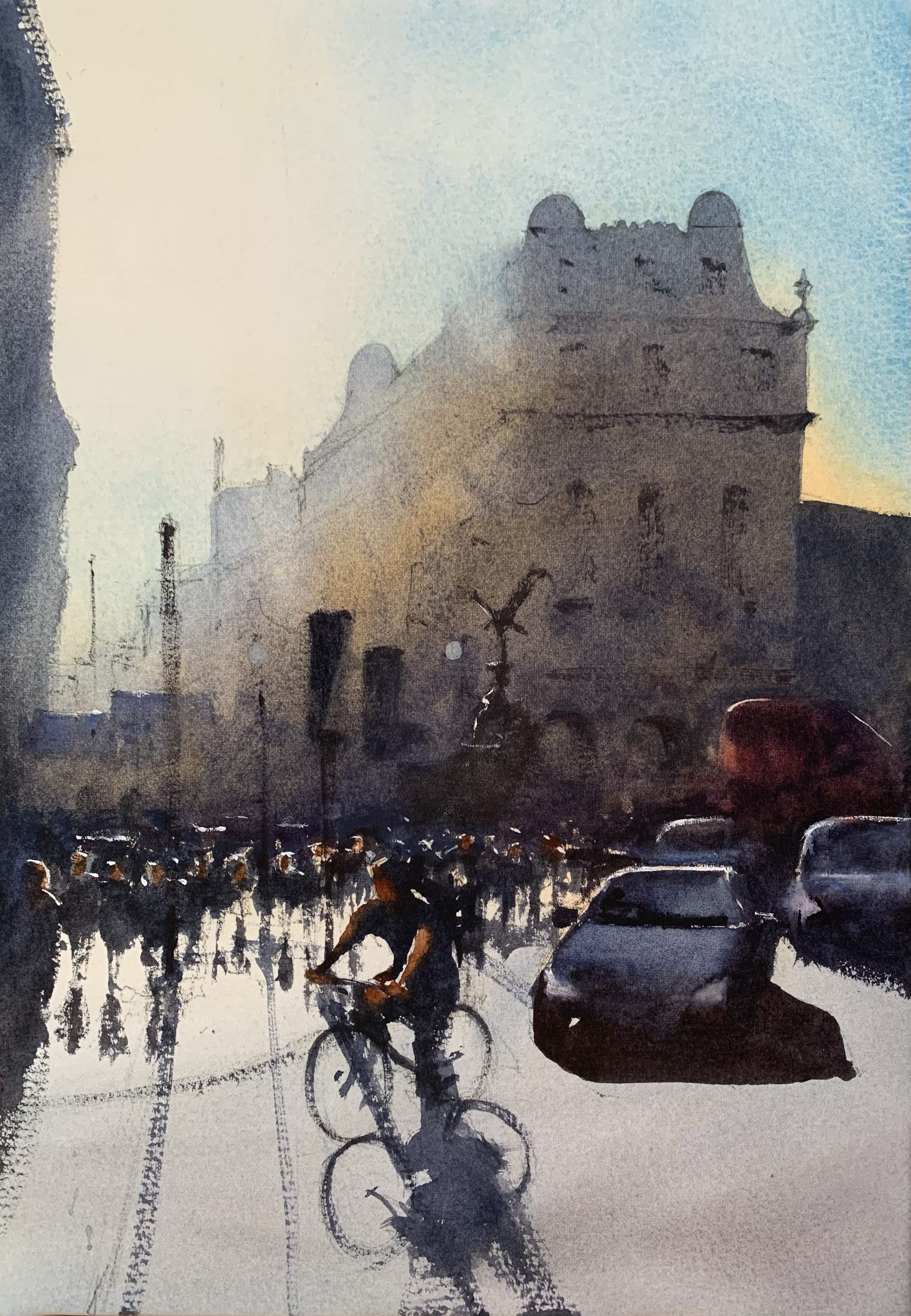 Watercolour painting of a cyclist and traffic in Picadilly Circus, London, by artist John Haywood