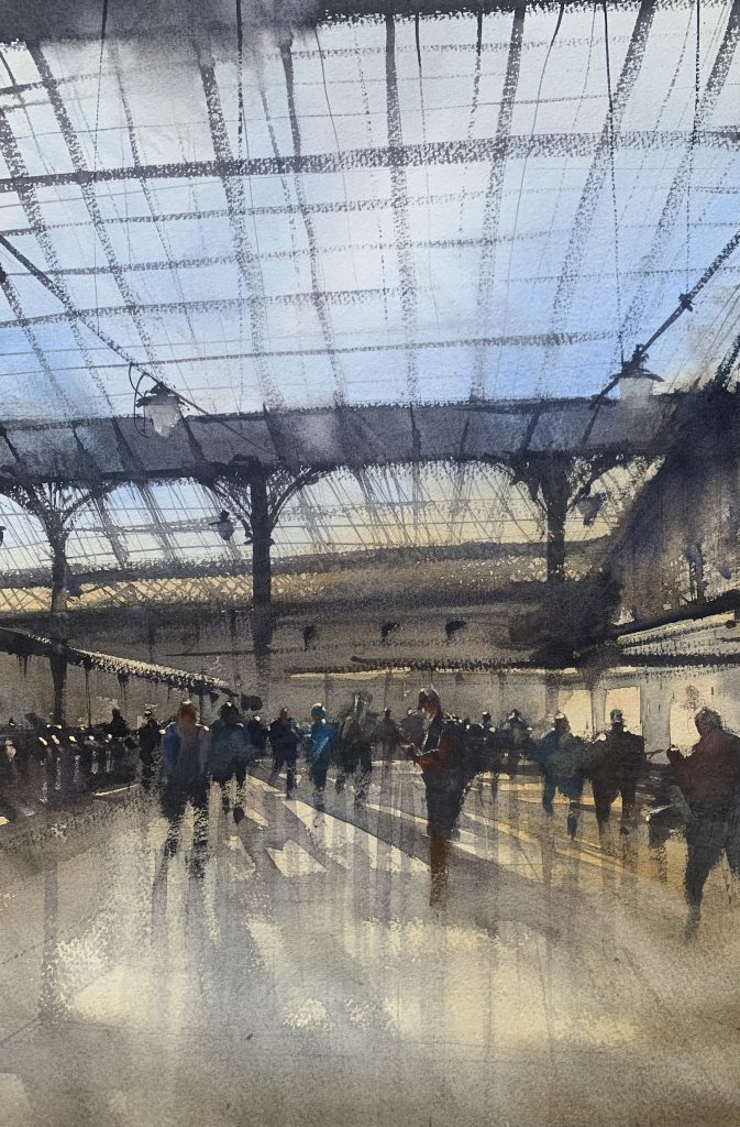 Watercolour painting of Brighton train station by artist John Haywood