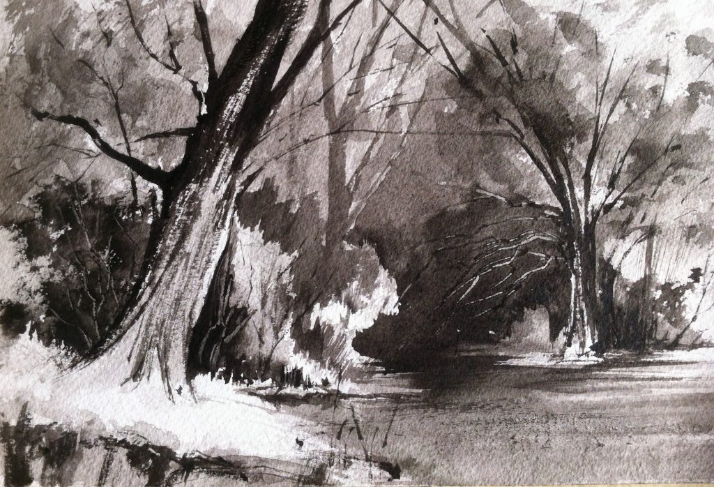 Tonal landscape study using only Lamp Black