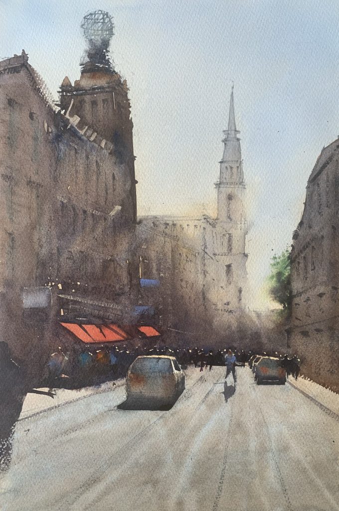 Watercolour painting of a view looking down St. Martins Lane, London towards the church of St.Martins in the Field, with The Coliseum, home to English National Opera on the left hand side.