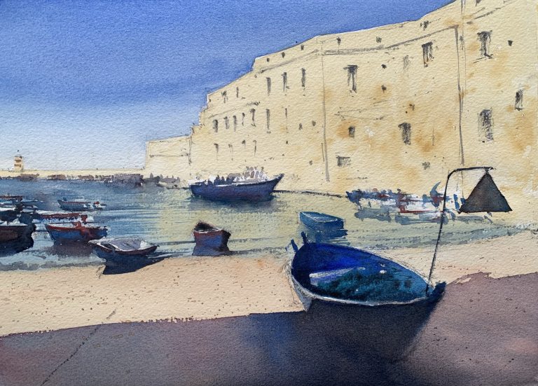 Watercolour painting of Monopoli, Puglia, Italy by artist John Haywood