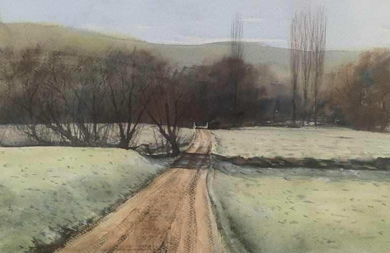 Watercolour painting of frost covered fields near the village of Clayton, East Sussex, by artist John Haywood