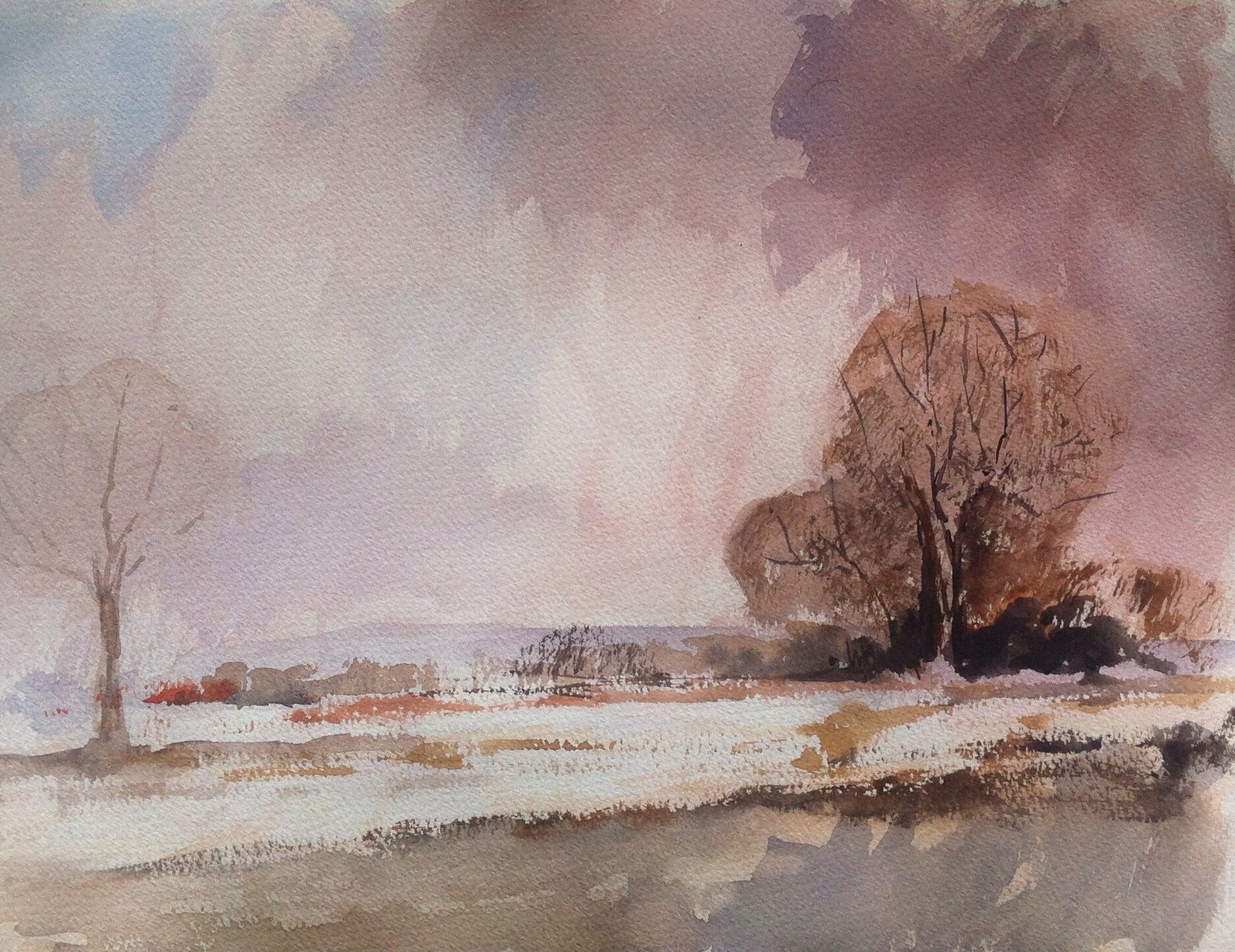 Painted on a quarter imperial sheet of cream/oatmeal tinted Bockingford Rough using a Winsor & Newton Artists Watercolour Field Set and Cotman watercolours