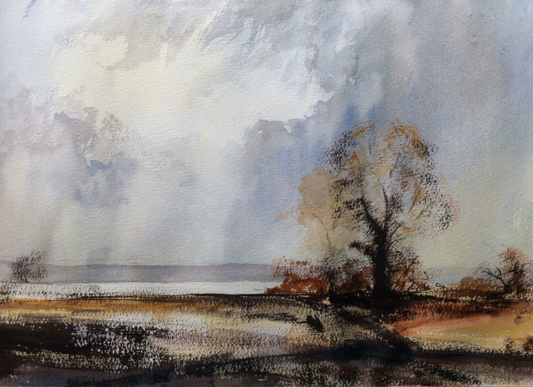 Painted on a quarter imperial sheet of cream/oatmeal tinted Bockingford rough using a Winsor & Newton Artists Watercolour Field Set and Cotman watercolours