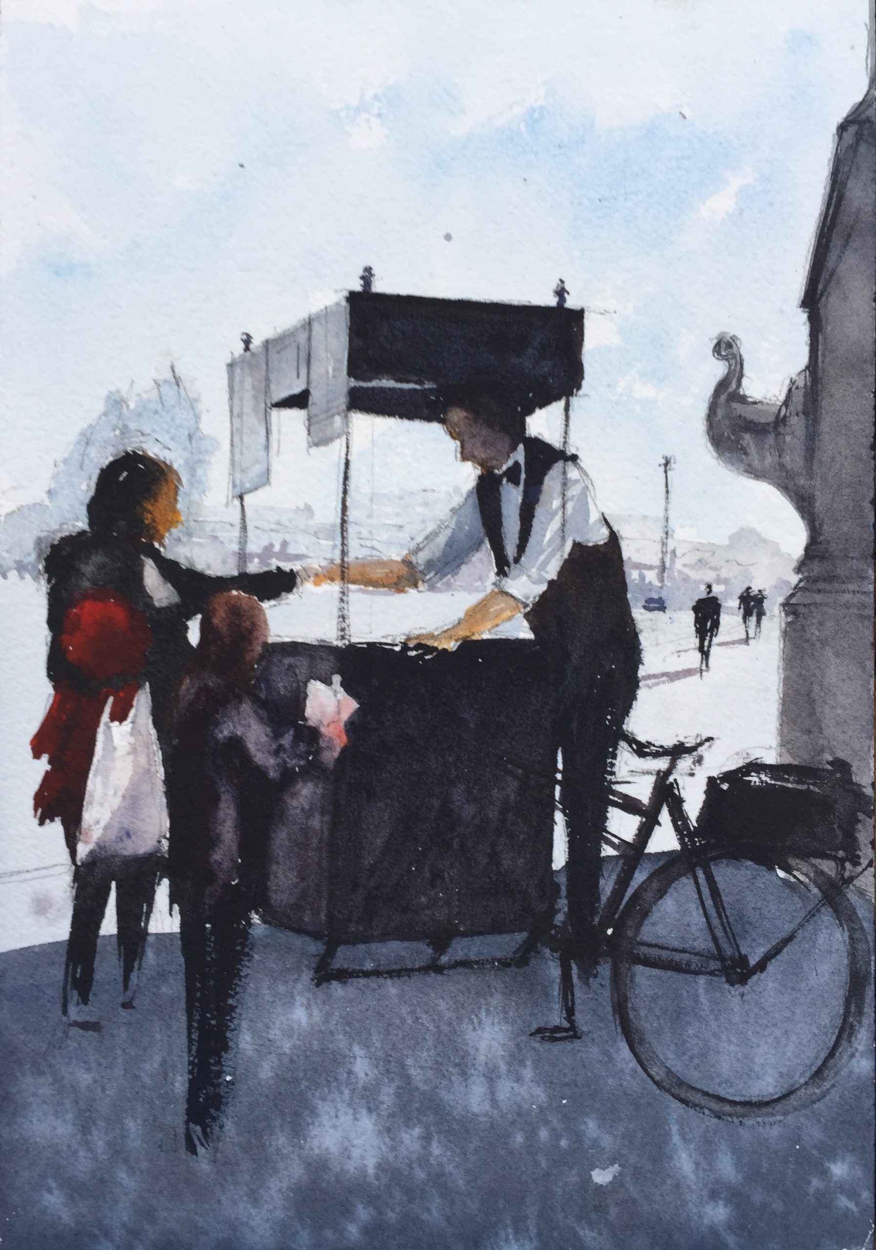 Sketch of a crepe seller on Pont Alexandre III Bridge in Paris