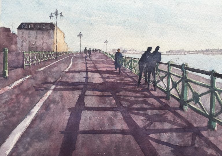 A watercolour of Brighton seafront looking west towards The Palace Pier by John Haywood