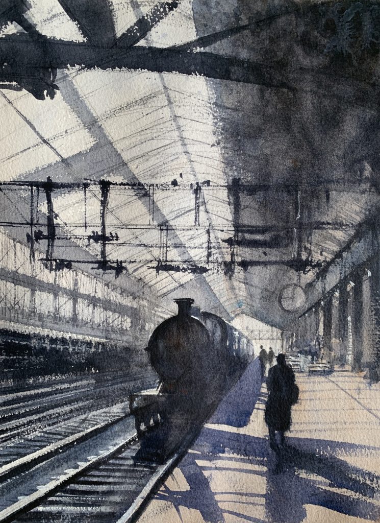 Watercolour painting of a train station from a bygone era by artist John Haywood