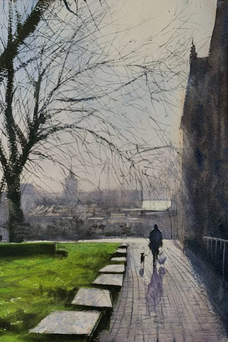 Watercolour painting of St Nicholas Church, Brighton, by artist John Haywood