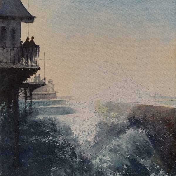 Brighton Breakers, a watercolour painting of waves breaking next to Brighton Pier by artist John Haywood