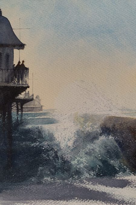 Brighton Breakers, a watercolour painting of waves breaking next to Brighton Pier by artist John Haywood