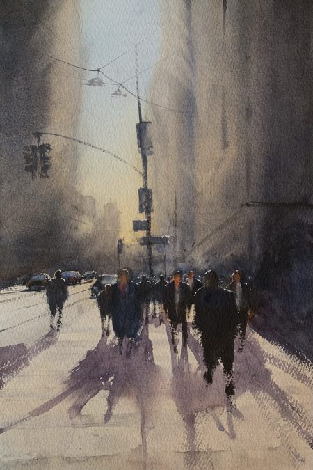 Watercolour painting of busy crossing on East 42nd Street, New York by artist John Haywood